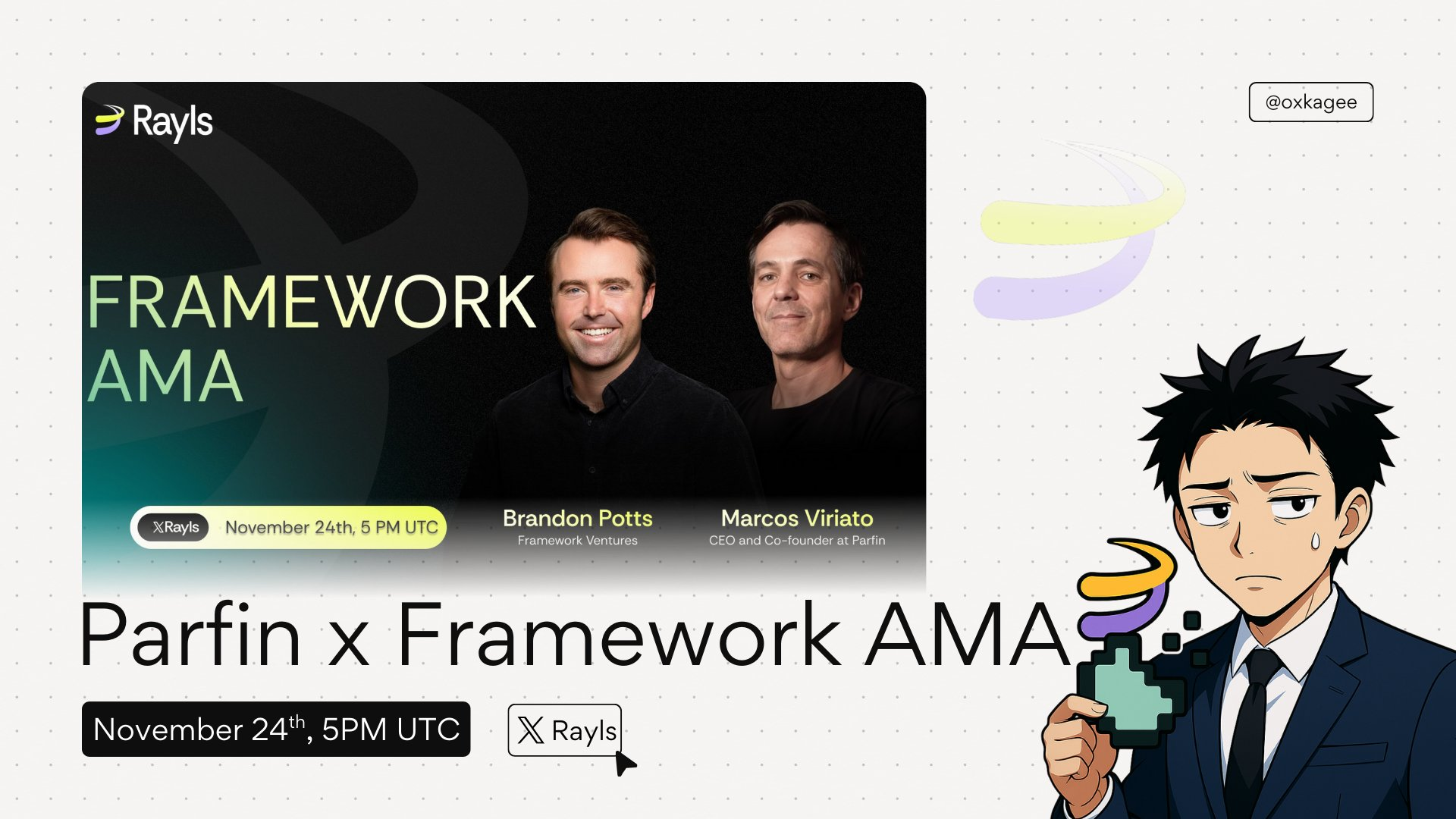 Parfin x Framework AMA graphic with two speakers and an illustrated figure