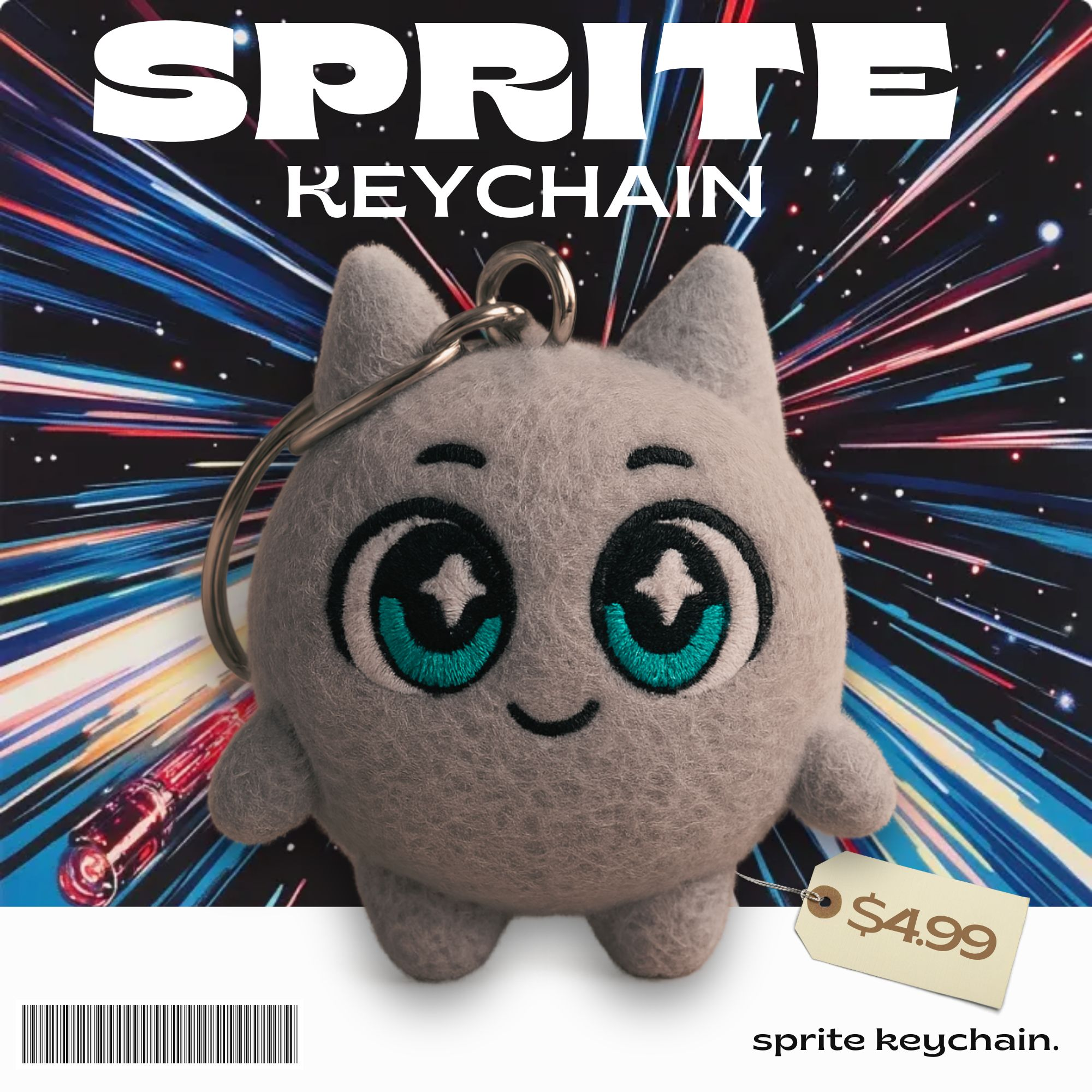 Sprite Keychain illustration with a teal-eyed plush character